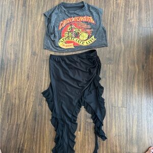 OUTFIT BUNDLE! California muscle crop top and high low black miniskirt